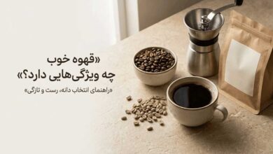 نمایی از دانههای قهوه، فنجان قهوه دمشده و ابزار دمآوری برای راهنمای انتخاب قهوه خوب