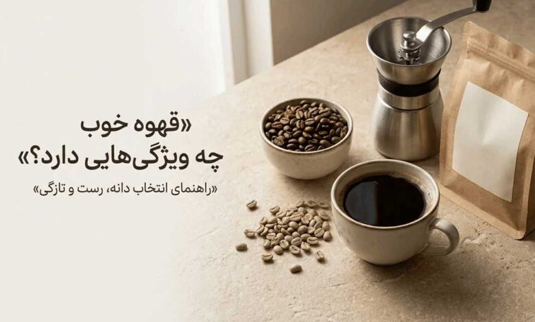 نمایی از دانههای قهوه، فنجان قهوه دمشده و ابزار دمآوری برای راهنمای انتخاب قهوه خوب
