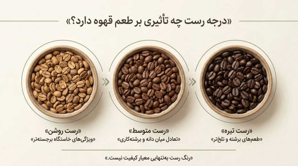 مقایسه ظاهری دانههای قهوه با رست روشن، متوسط و تیره و تفاوتهای معمول طعمی آنها